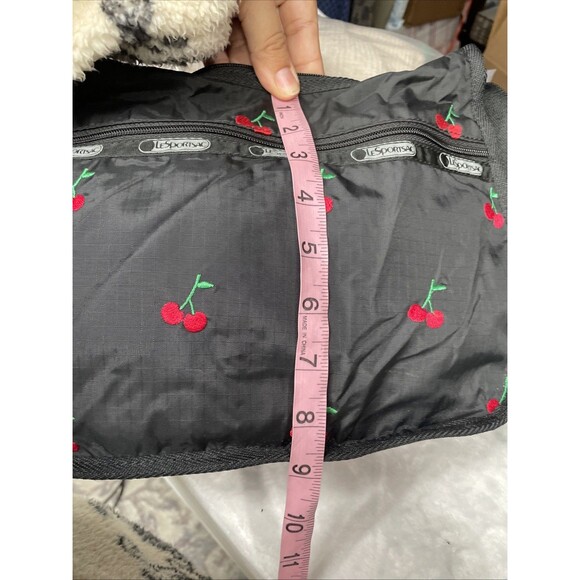 LeSportsac HTF Red Cherries Embroidered Shoulder Bag Purse Clean Black - Picture 8 of 10